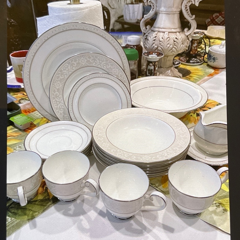 Noritake Elegant White and Silver Dinnerware Set